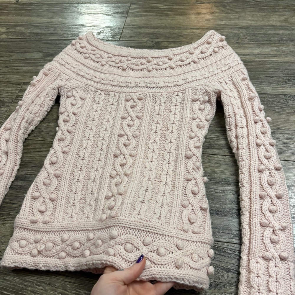 Y2K Vintage Moda International Wool Cable Knit Bobble Sweater (Ballet Pink) XS/S - Picture 5 of 7